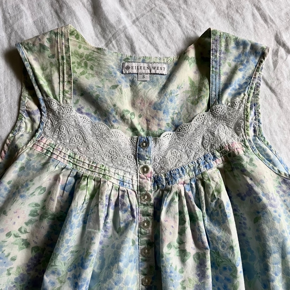 Eileen West 100% Cotton Floral Watercolor Chemise Lace-Trim Ruffle Hem S - Picture 2 of 4